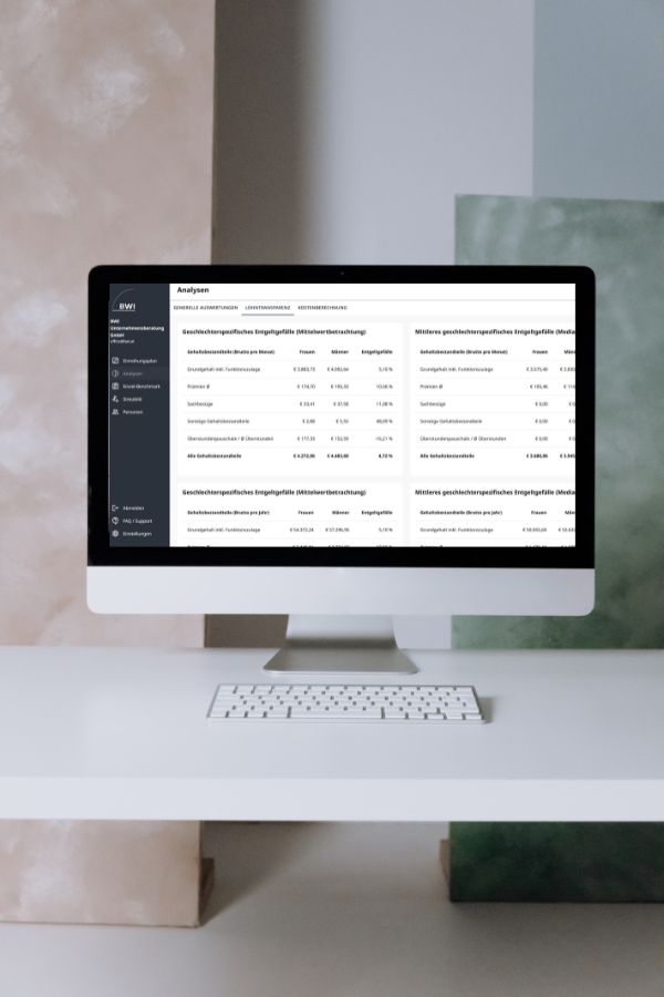 Ein Desktop-Computer zeigt eine Übersicht von Gehaltsanalysen auf dem Bildschirm. Die Seite enthält verschiedene Tabellen mit Angaben zu geschlechtsspezifischen Durchschnittseinkommen, Mittelwerten und Verteilungen für unterschiedliche Berufe und Arbeitsbereiche. Links ist ein Menü mit Navigationsoptionen wie „Allgemeine Informationen“, „Leistungsanalyse“ und „Gehaltsvergleich“ zu sehen.