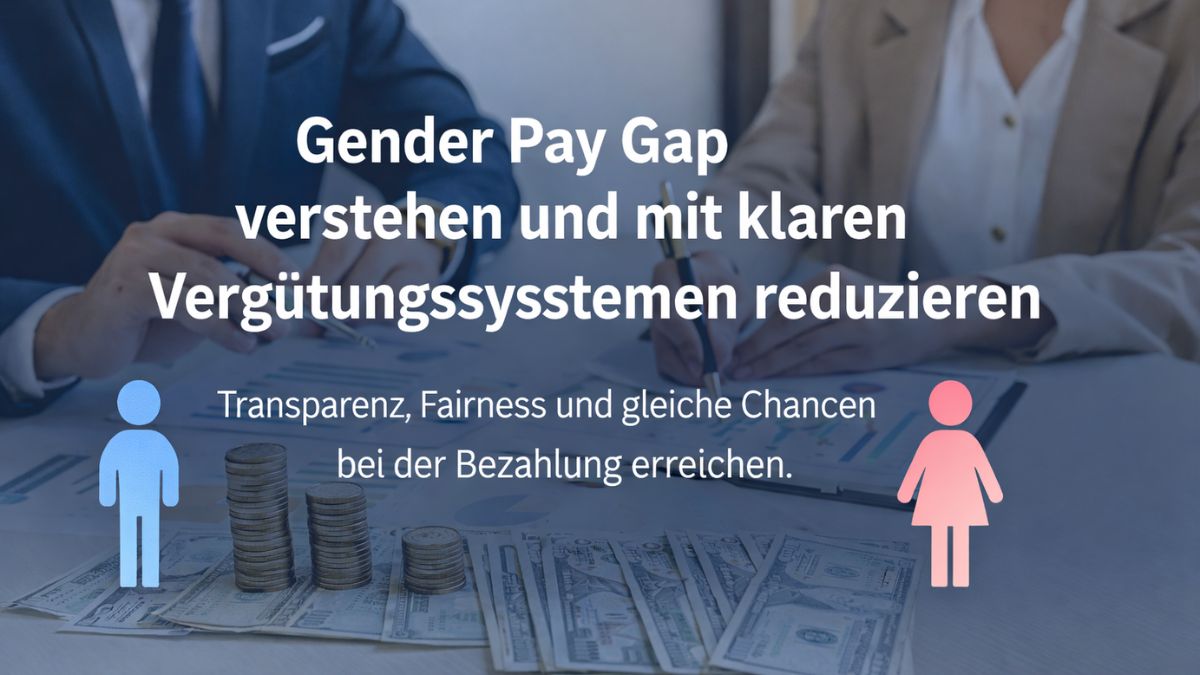 Darstellung des Gender Pay Gap mit Gehaltsunterschieden zwischen Männern und Frauen anhand von Symbolen und Geldstapeln