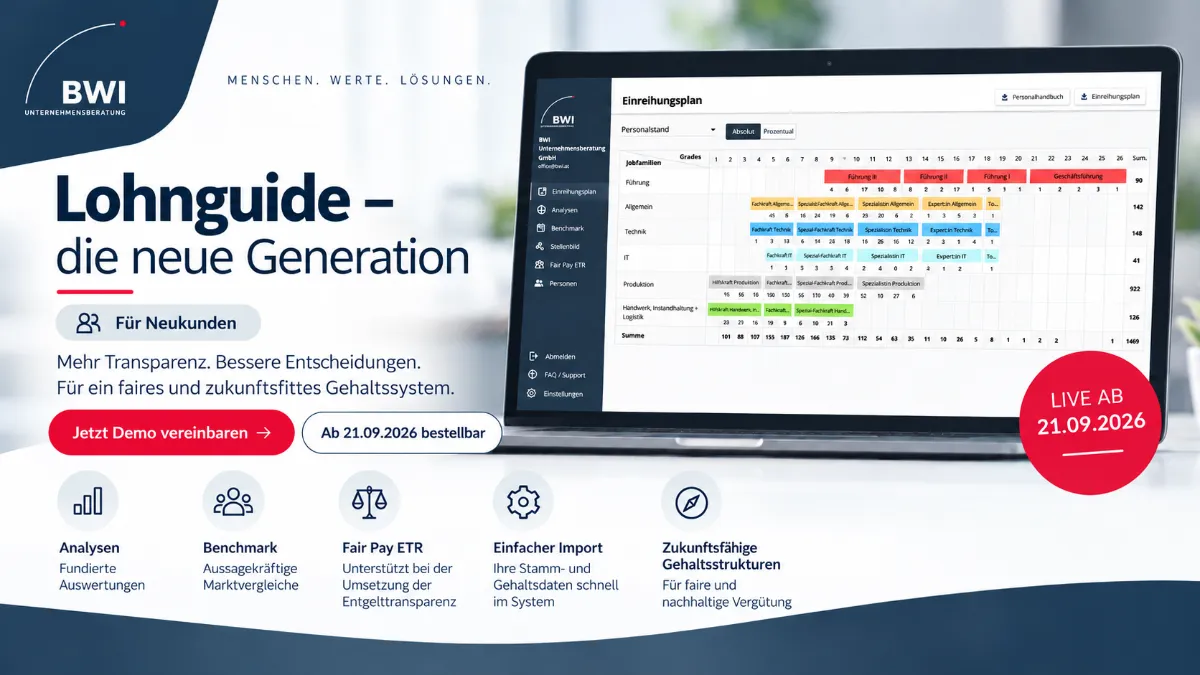 BWI Lohnguide – die neue Generation für Neukunden mit Analysen, Benchmark, Fair Pay ETR und Funktionen für transparente Gehaltsstrukturen.